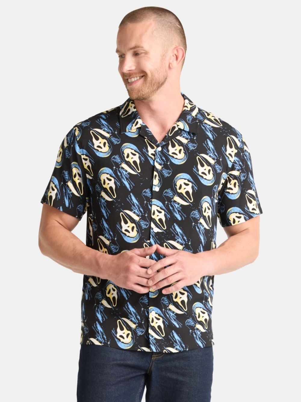 Men's Black Short-Sleeve Button-Up Shirt with Blue and Cream Print